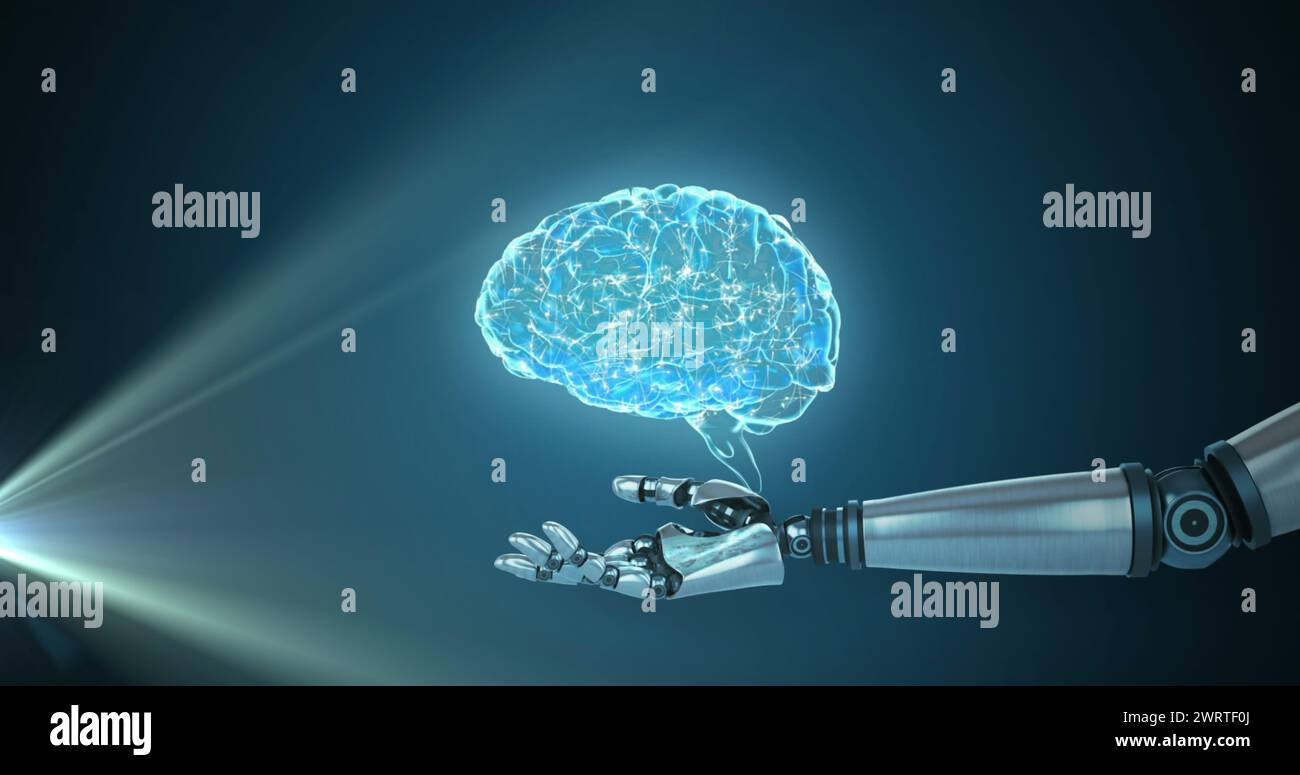 Image of 3d blue glowing human brain rotating with robot arm reaching out on glowing blue background Stock Photo