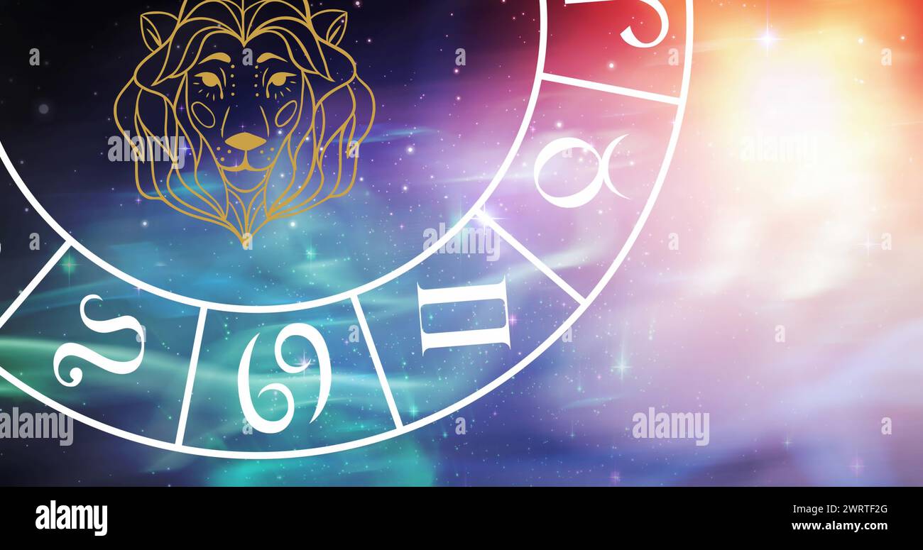 Composition of leo star sign symbol in spinning zodiac wheel over glowing stars Stock Photo