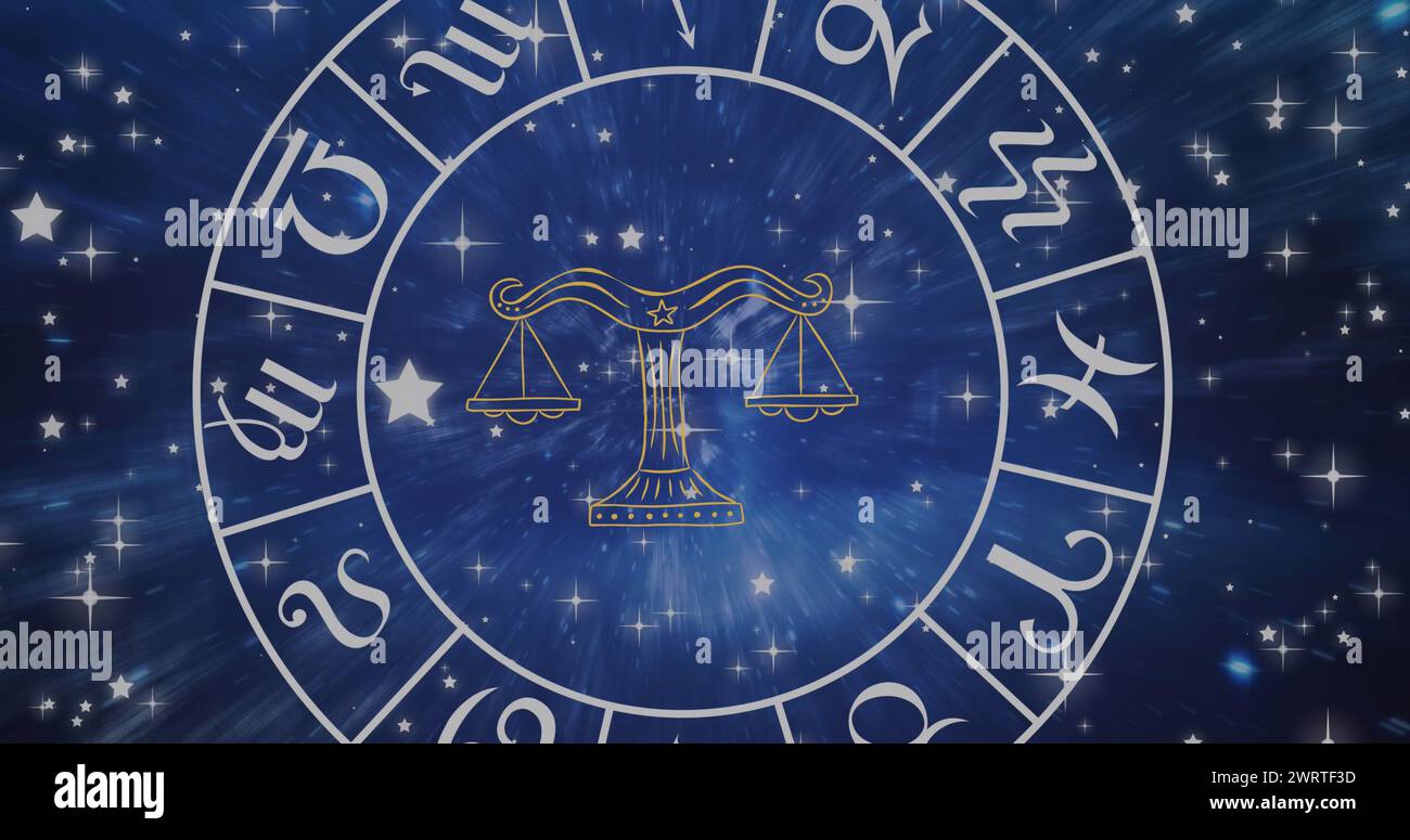 Composition of libra star sign symbol in spinning zodiac wheel over ...