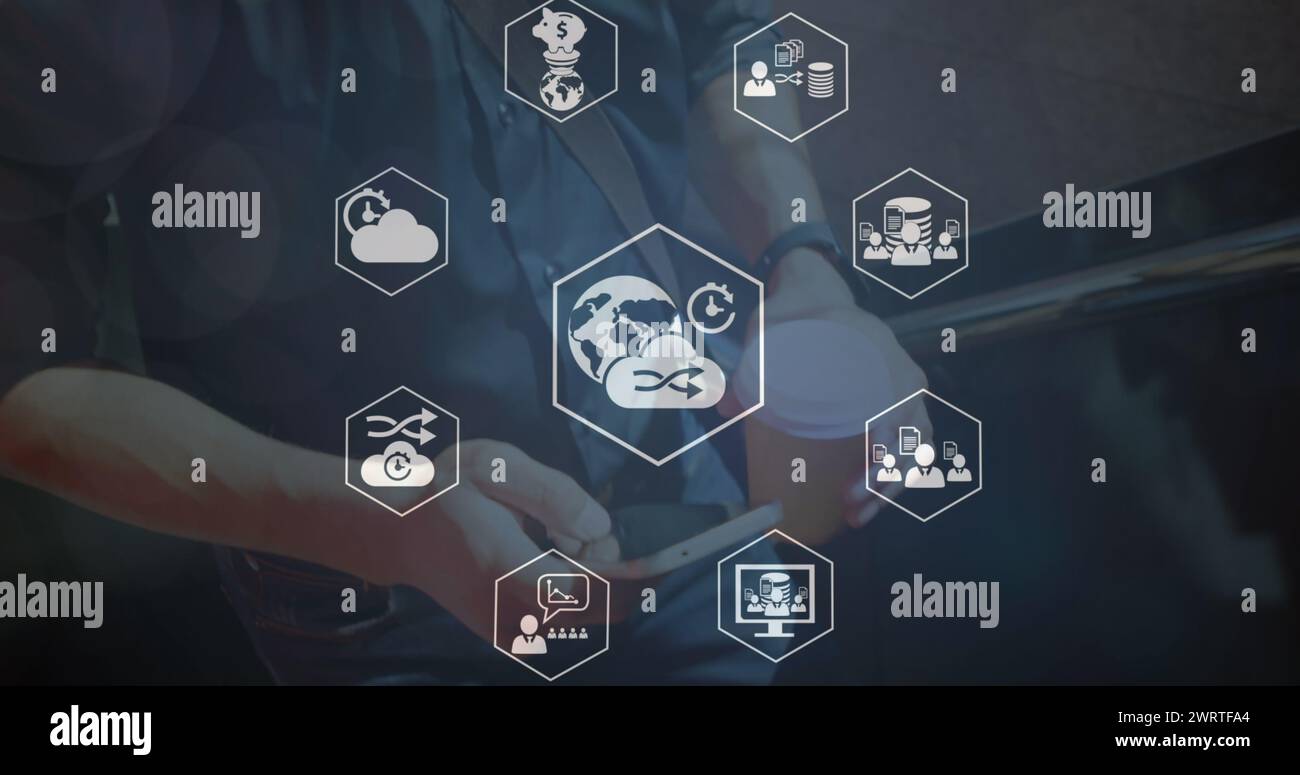 Image of financial falling icons over person using smartphone Stock ...