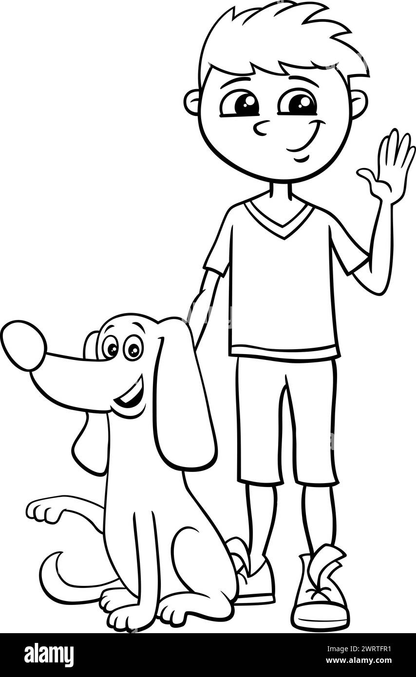 Cartoon illustration of funny boy character with his dog coloring page