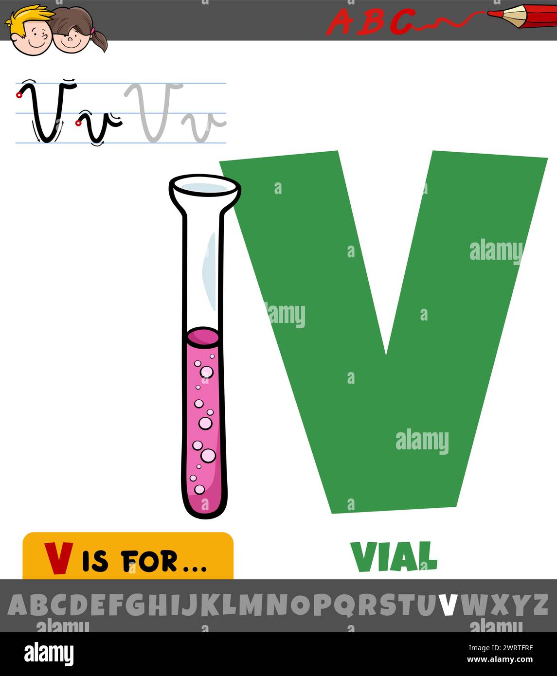 Educational cartoon illustration of letter V from alphabet with vial