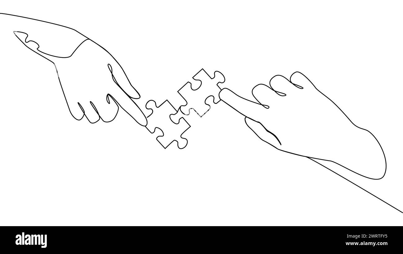 Self drawing line animation of two hands with puzzle pieces connecting together Stock Vector