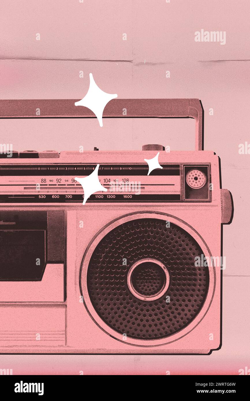 Pink boombox, retro radio on monotone. Promotional image for retro music festival. 1980s or 1990s pop culture art Stock Photo