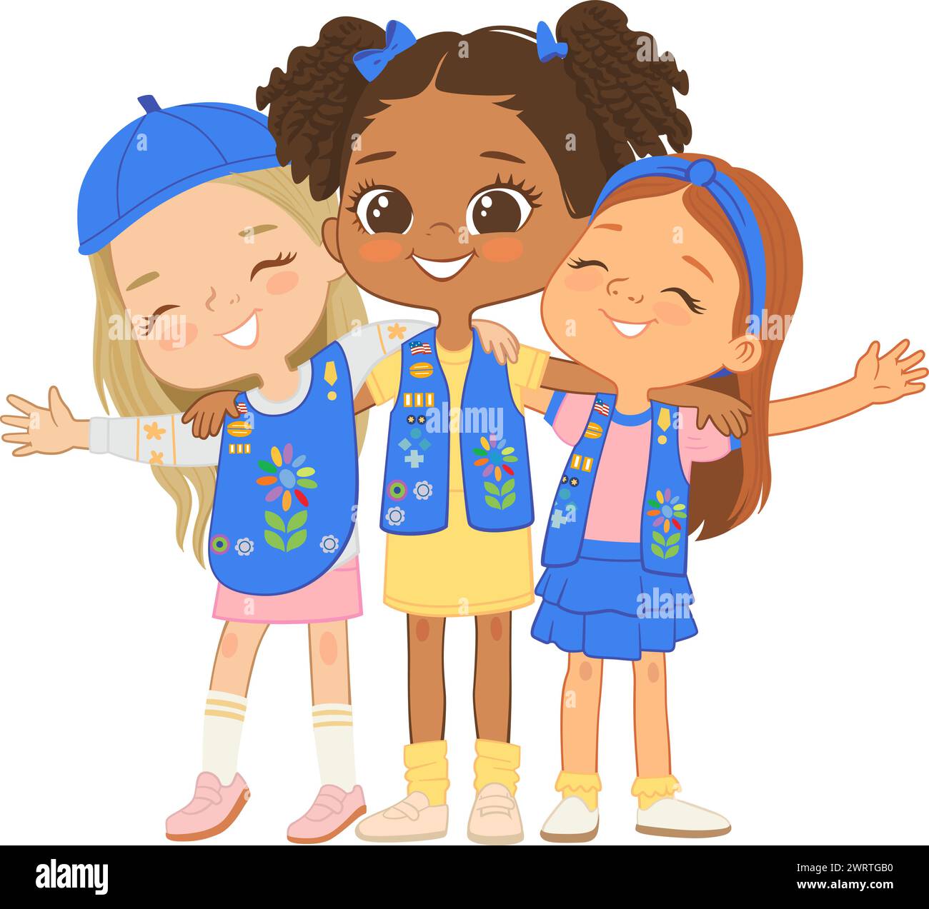 Happy multi ethnic multi aged girls scout hug. Girls Scout happily hug ...