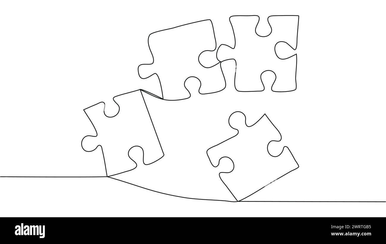 One line connecting puzzle pieces in one continuous line. Puzzle element Stock Vector