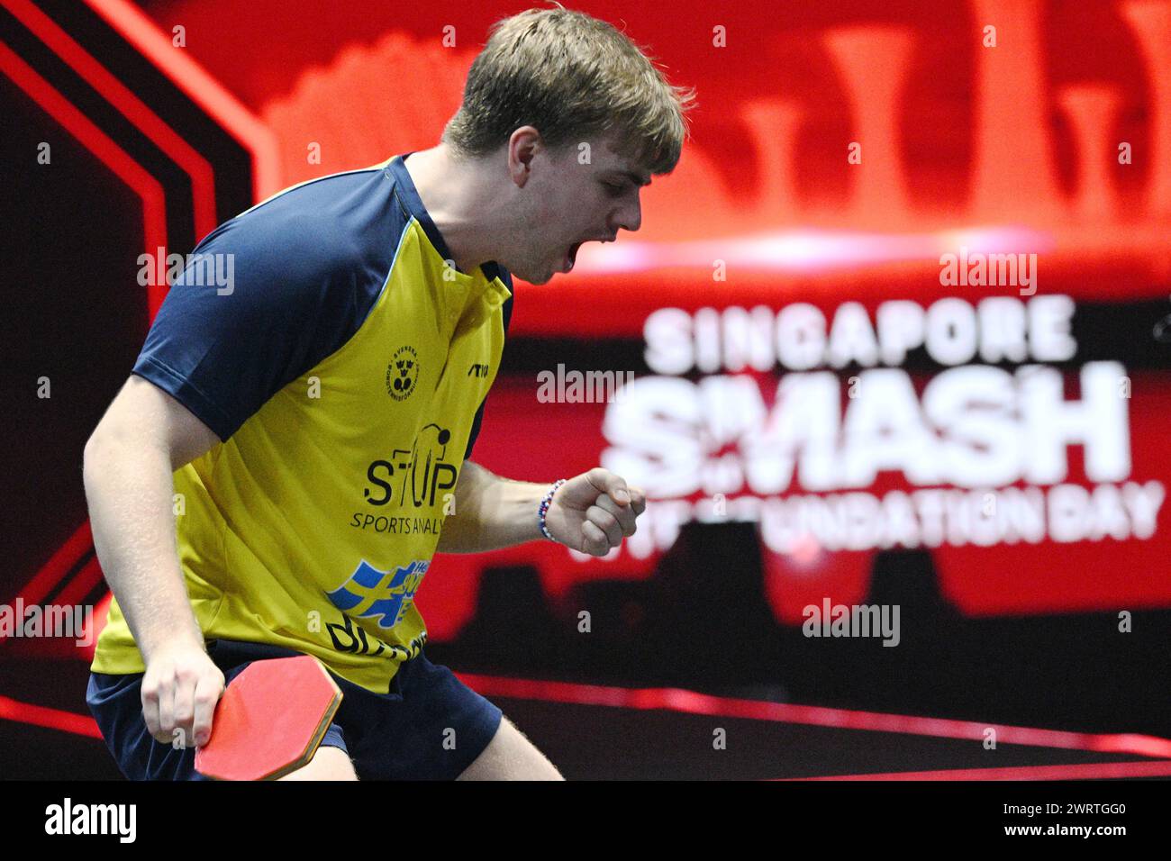 Singapore. 14th Mar, 2025. Truls Moregard of Sweden reacts during the