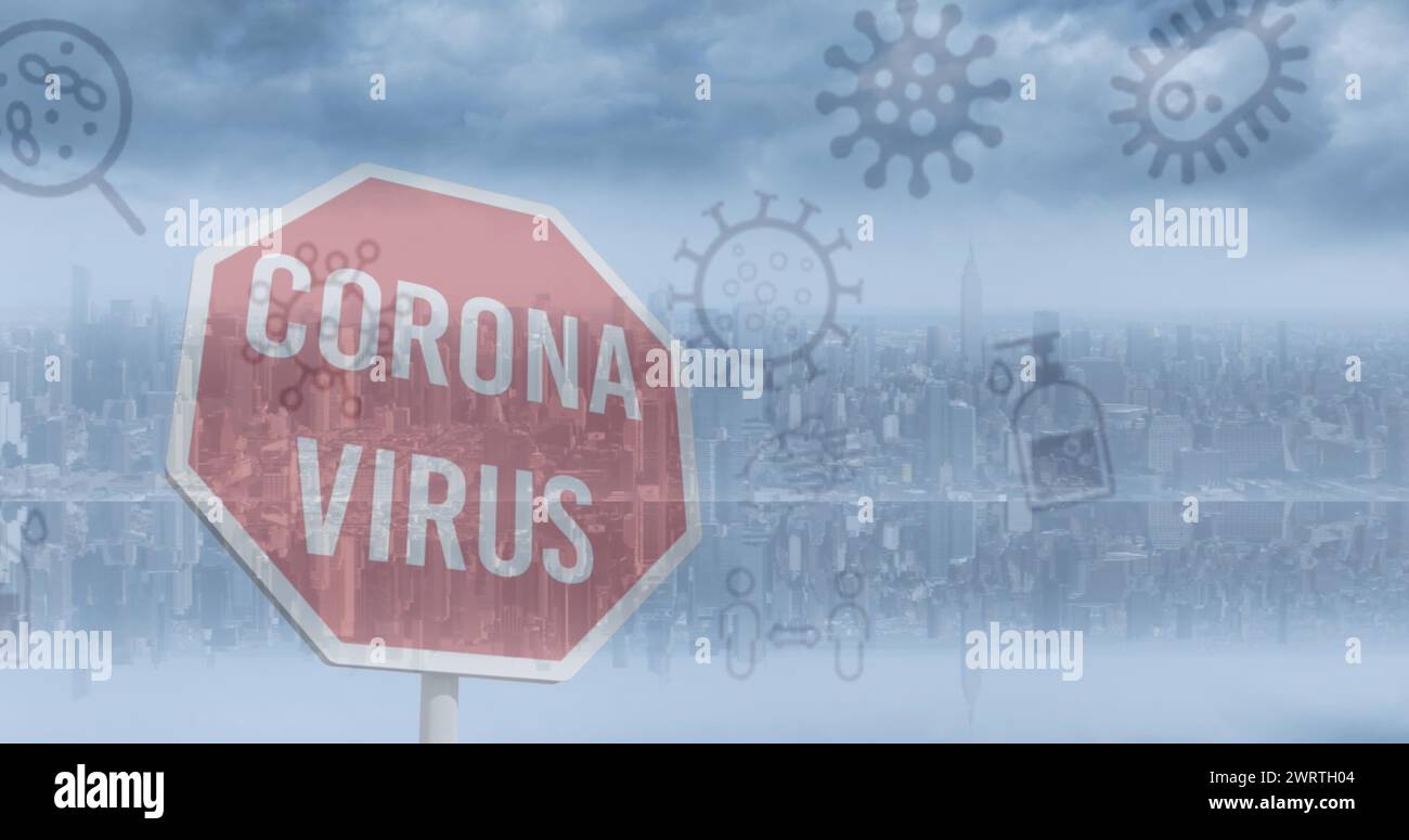 Image of covid 19 icons floating over corona virus text on stop sign ...