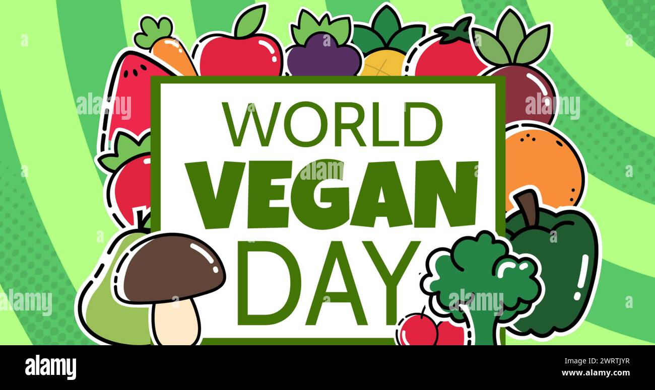 World vegan day text banner with multiple vegetables icons against green spiral background Stock Photo