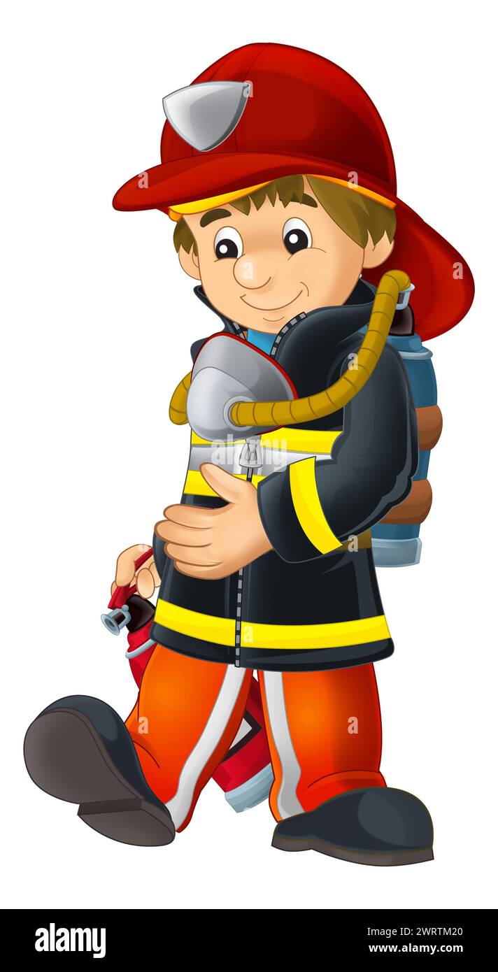 cartoon happy and funny fireman with extinguisher putting out the fire