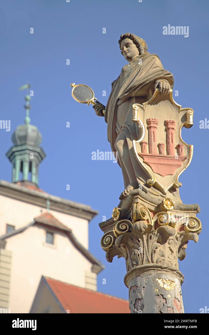 Patron saint Minerva with hand mirror and city coat of arms as shield and white tower, Seelbrunnen, Seelhausbrunnen, patron saint, Roman goddess Stock Photo