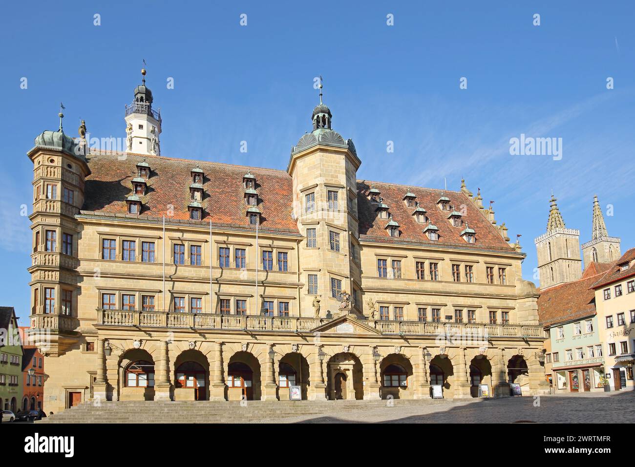 Renaissance town hall and towers of St Jacob's Church, market square, Rothenburg ob der Tauber, Tauberfranken, Franconia, Bavaria, Germany Stock Photo
