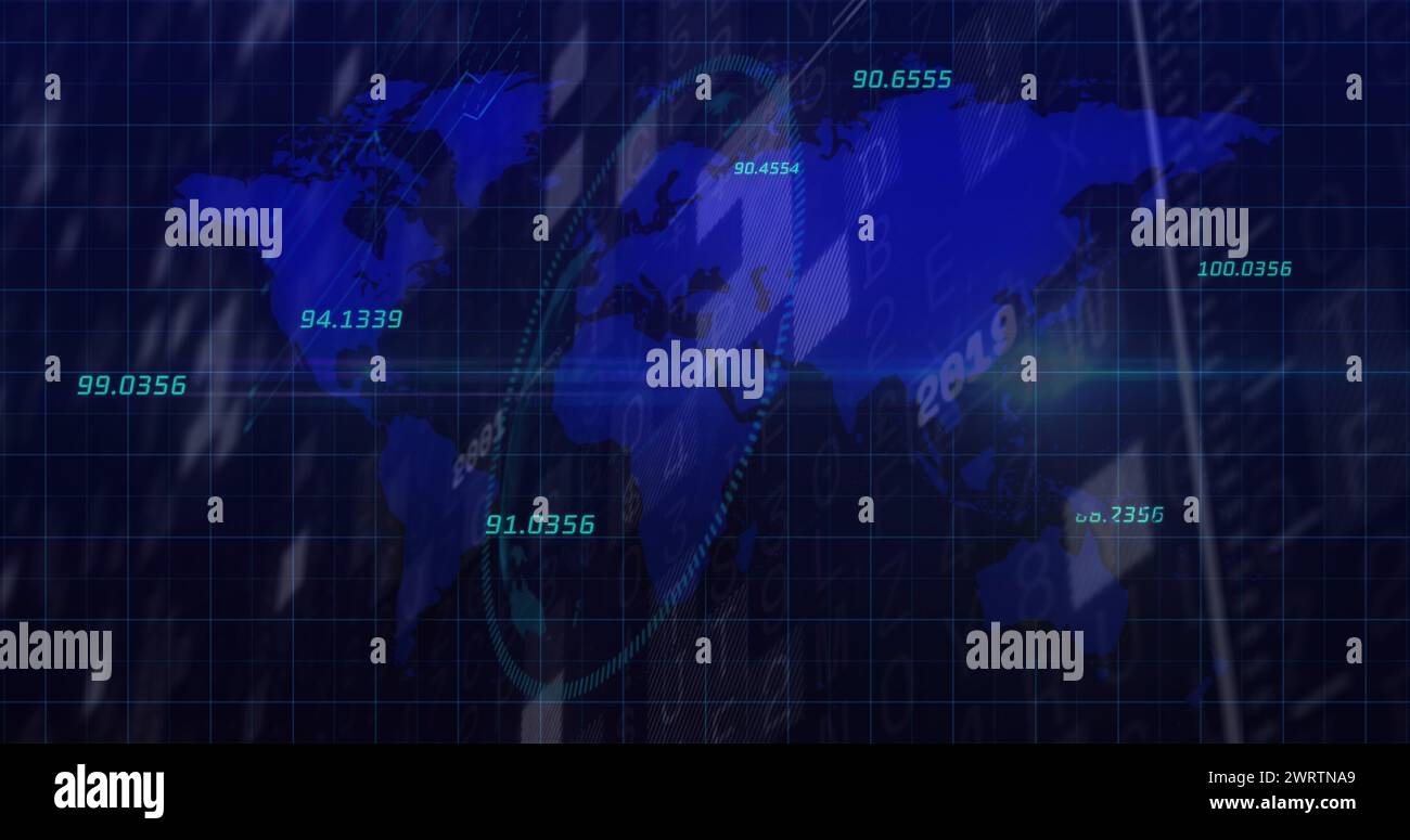 Image of world map and financial data processing over black background ...