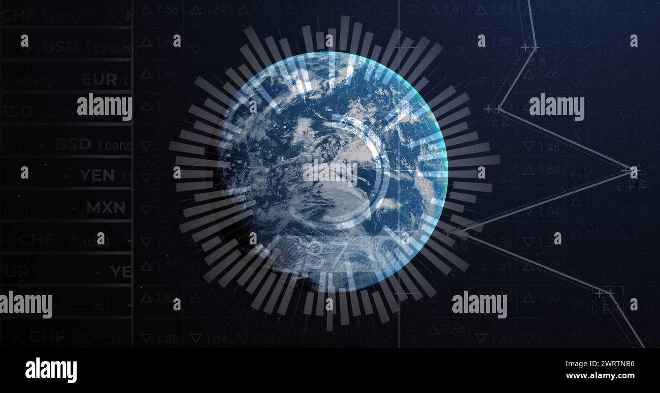 Image of globe and financial data processing over black background ...