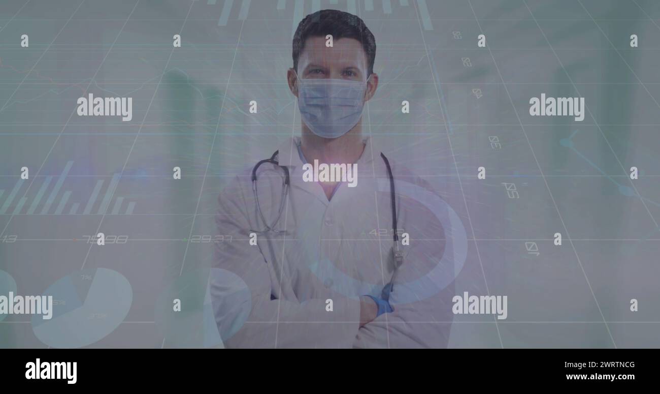 Image of data processing over caucasian male doctor with face mask ...