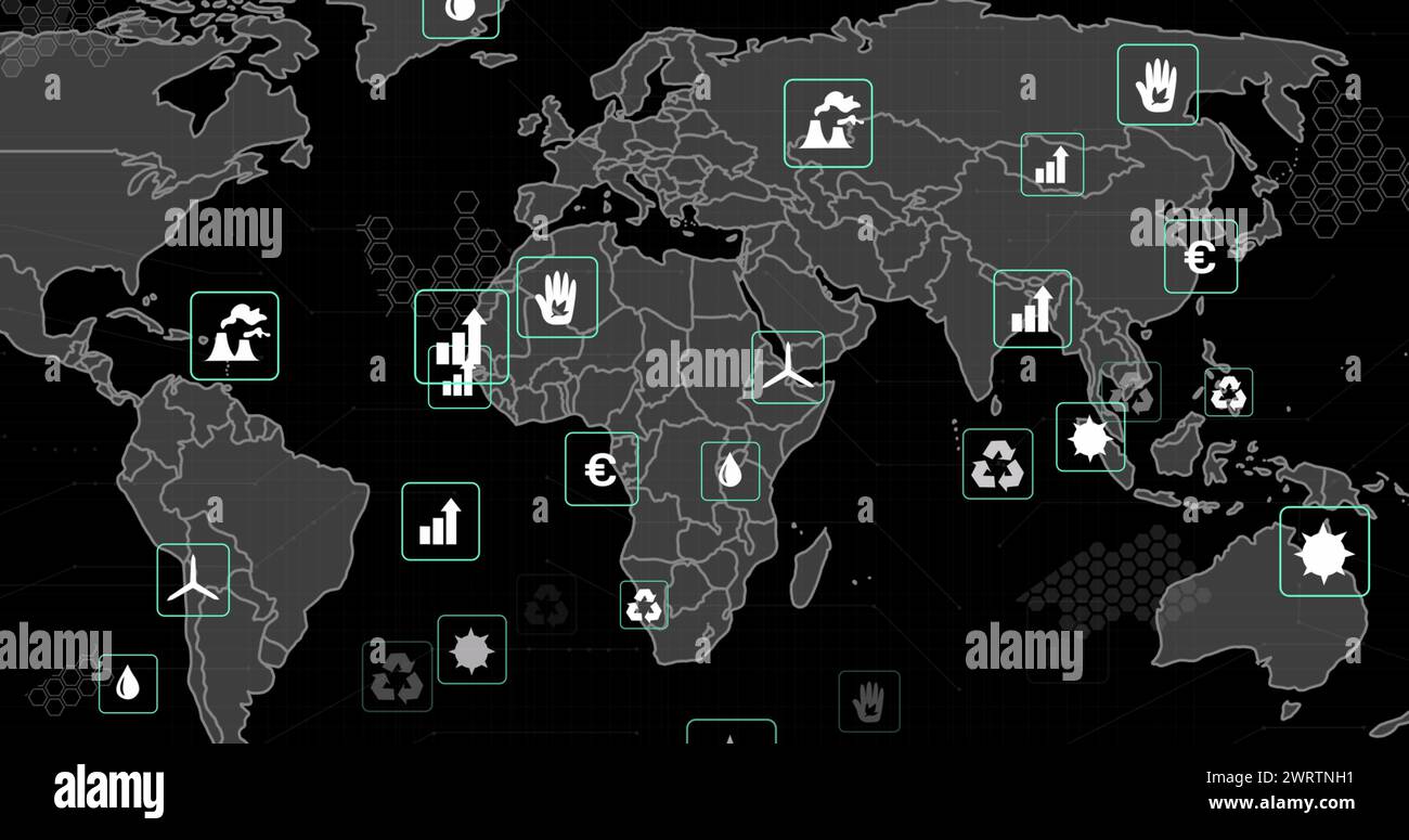 Image of eco icons and data processing over world map Stock Photo