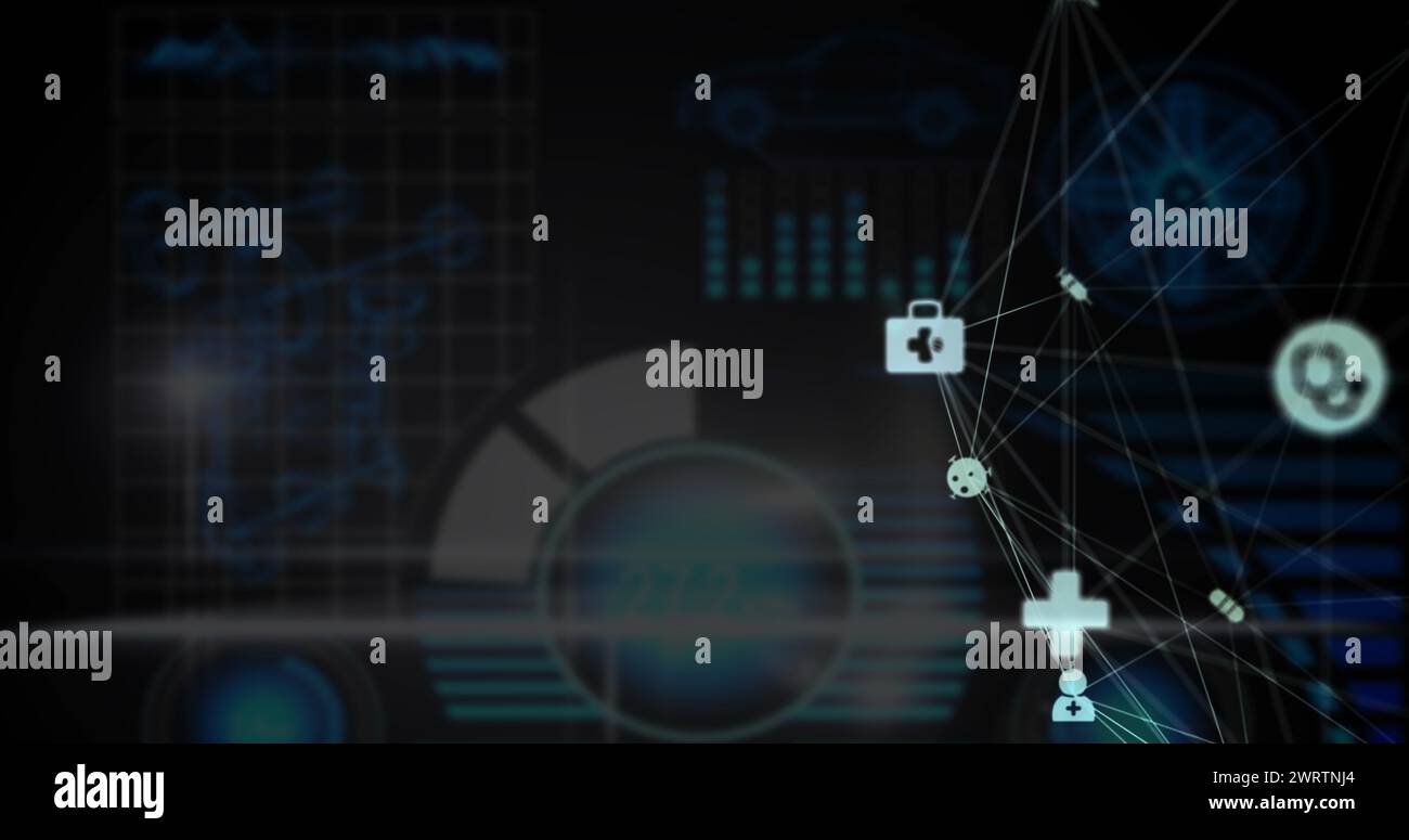 Globe of medical icons over digital interface with data processing ...