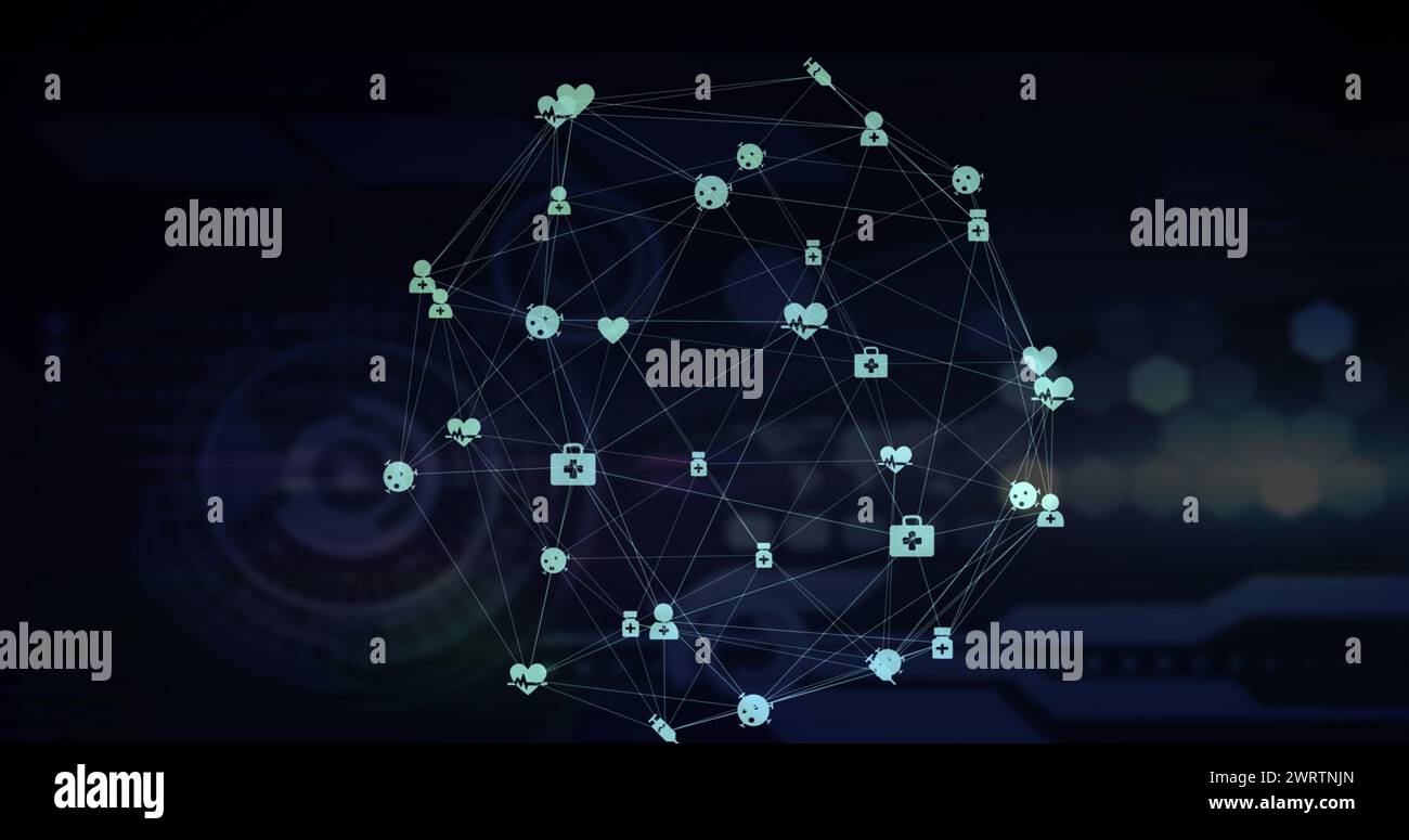 Globe of medical icons over digital interface with data processing ...
