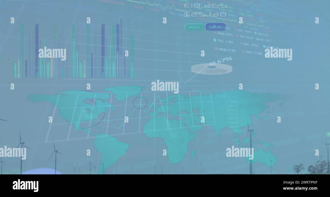 Image of graphs, charts with world map against wind turbines on field ...