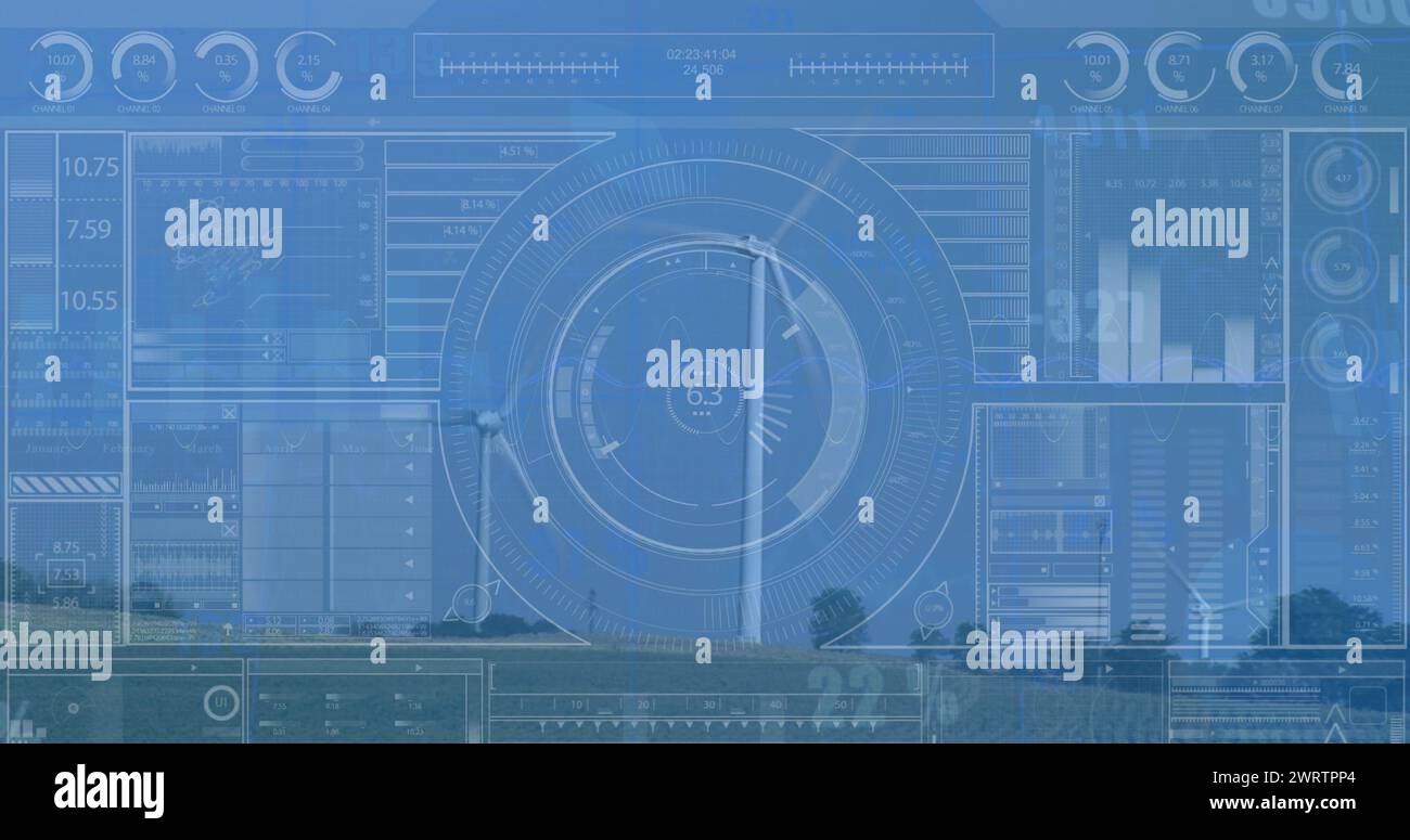 Image of data with hud processing on digital interface over wind ...