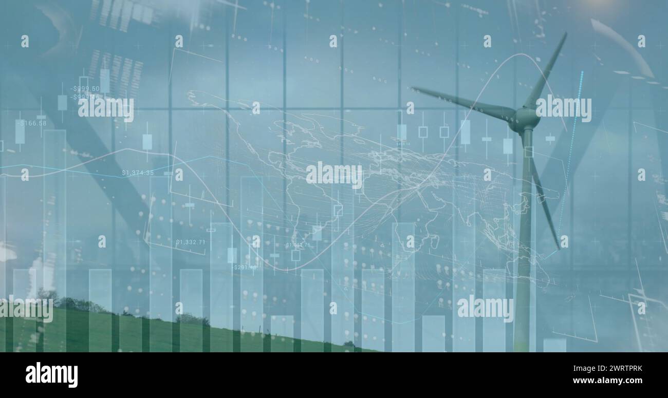 Image of graphs moving with world map against wind turbines on field ...