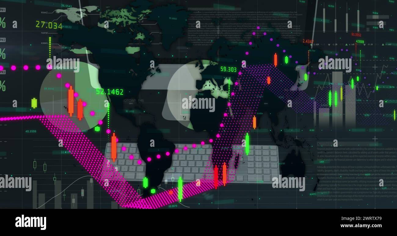 Image of financial data processing over computer and world map on black ...