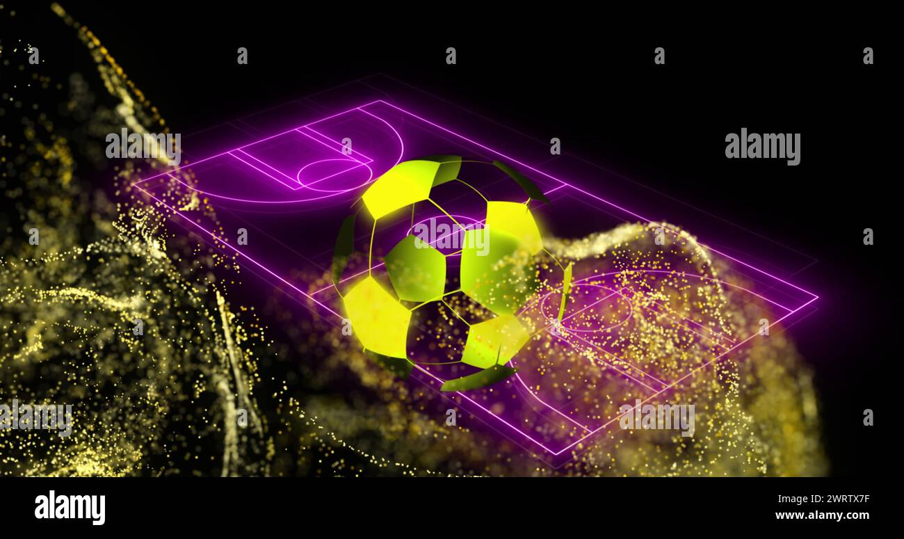 Image of yellow digital wave and 3d soccer ball spinning over neon ...