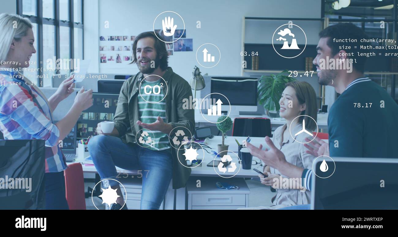 Image of icons and computer language over diverse coworkers discussing