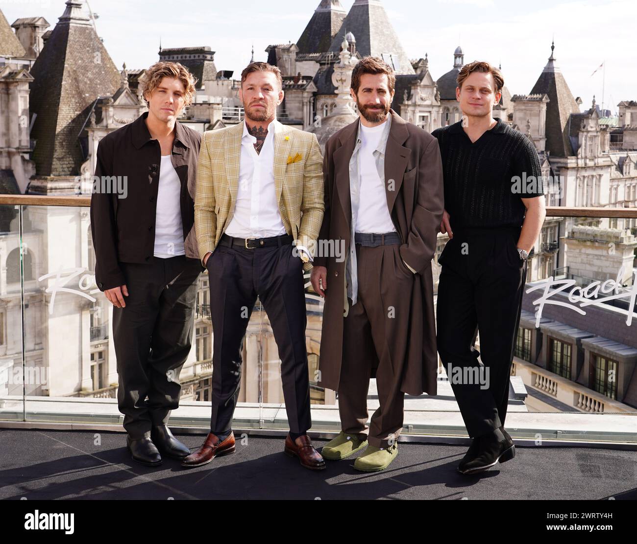 (left to right) Lukas Gage, Conor McGregor, Jake Gyllenhaal and Billy Magnussen at a photocall for Road House, at the Corinthia Hotel, London. Picture date: Thursday March 14, 2024. Stock Photo