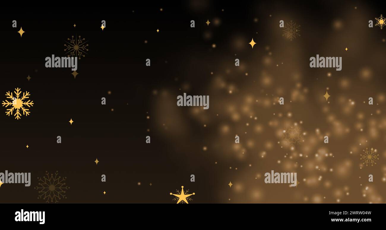 Image of golden snowflakes over black background with golden dots Stock ...