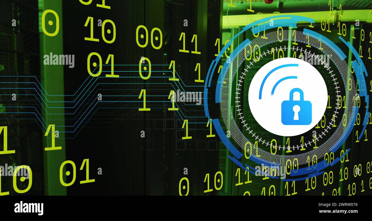 Image of data processing with padlock icon over server room Stock Photo ...