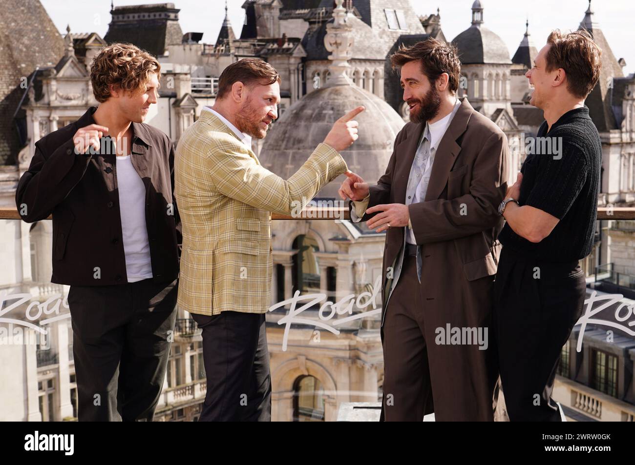 (left to right) Lukas Gage, Conor McGregor, Jake Gyllenhaal and Billy Magnussen at a photocall for Road House, at the Corinthia Hotel, London. Picture date: Thursday March 14, 2024. Stock Photo
