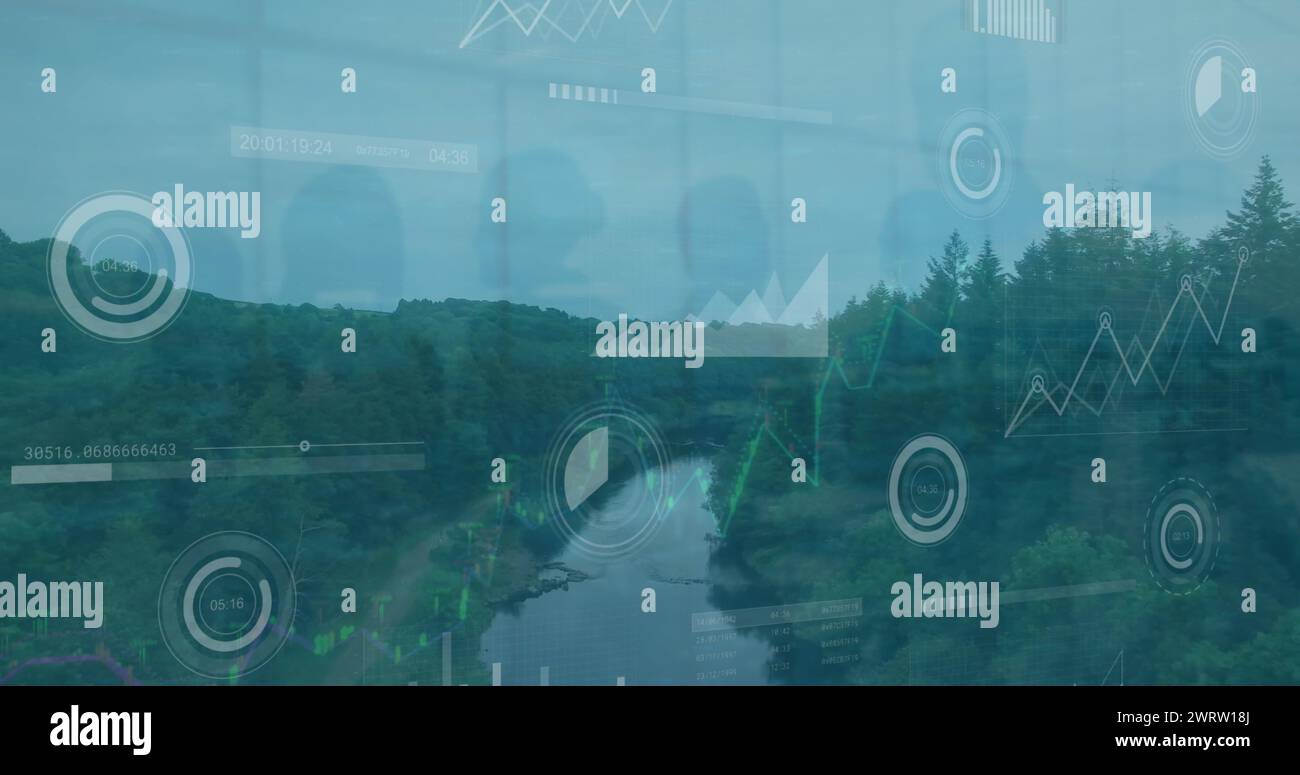 Image of statistical data processing over aerial view of landscape with ...