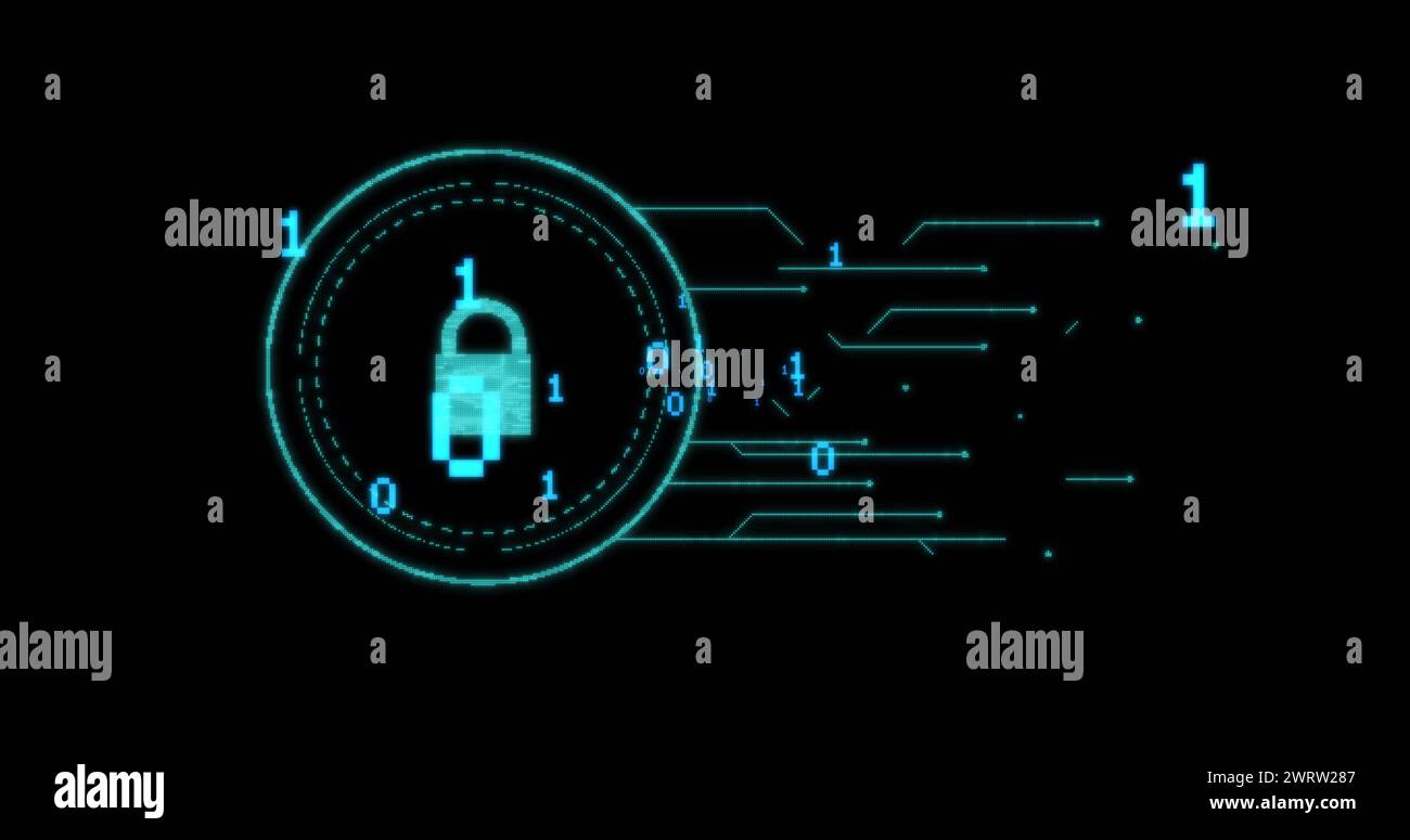 Image of data processing and padlock with binary coding over dark ...