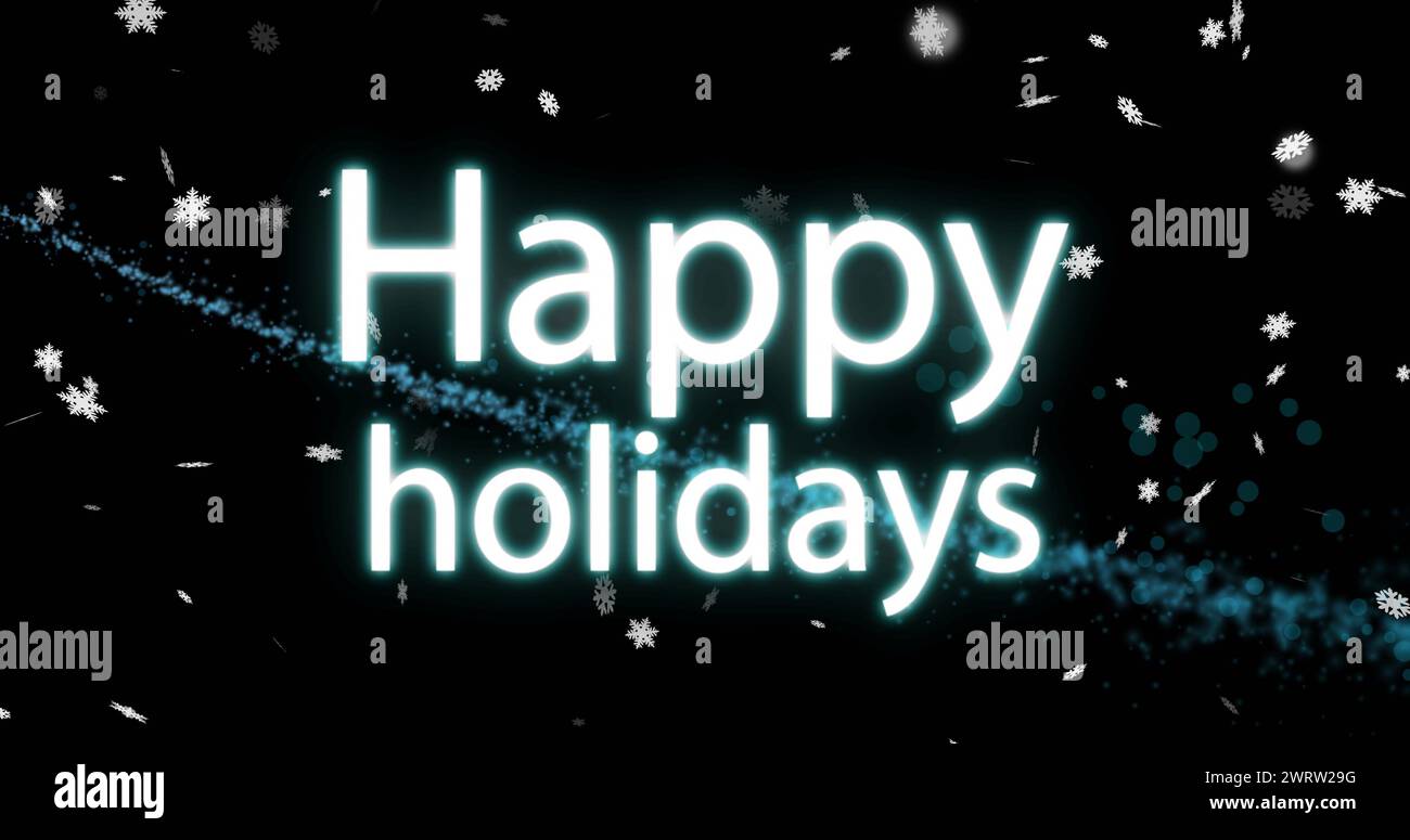 Image of happy holidays text and light trails on black background Stock Photo