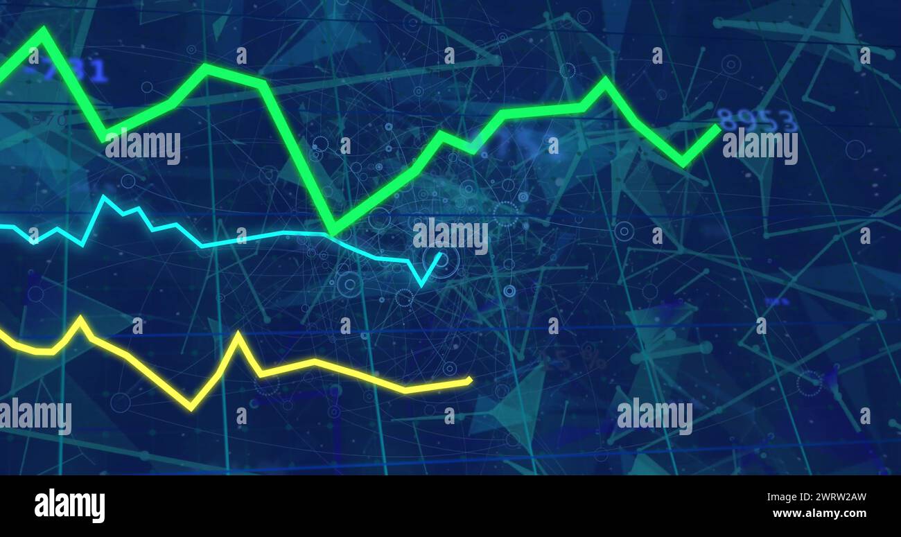 Image of graphs with changing numbers, connected dots, geometric shapes on abstract background Stock Photo