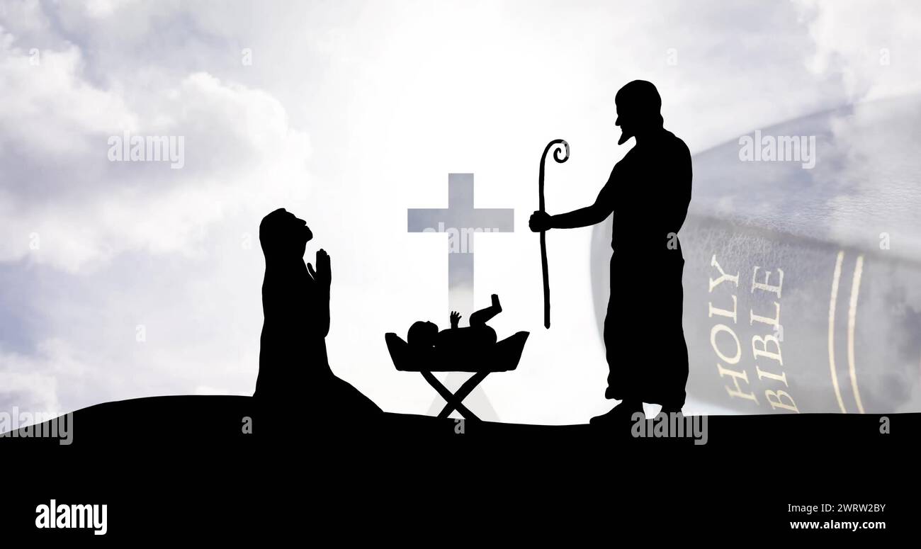 Image of christmas nativity scene and bible on clouds background Stock Photo