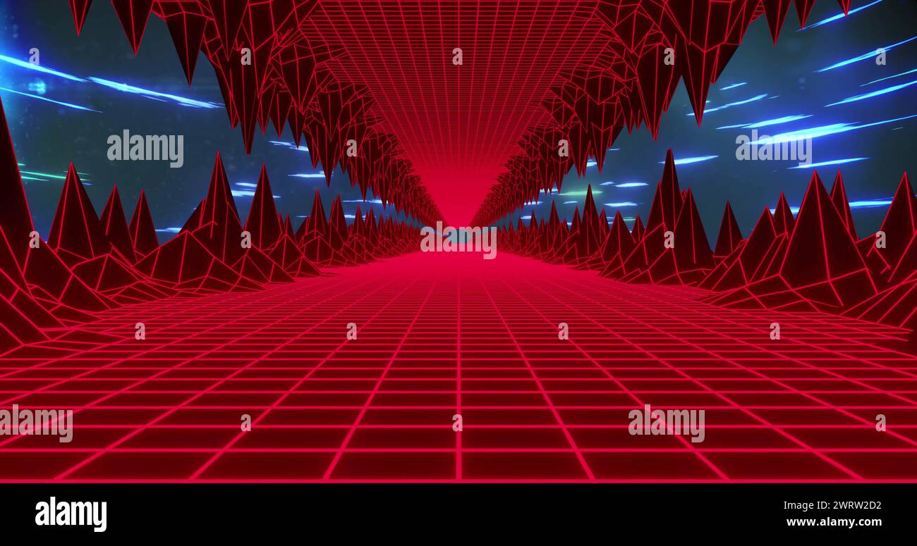 Image of 3d model of grid pattern on landscape over dots moving in