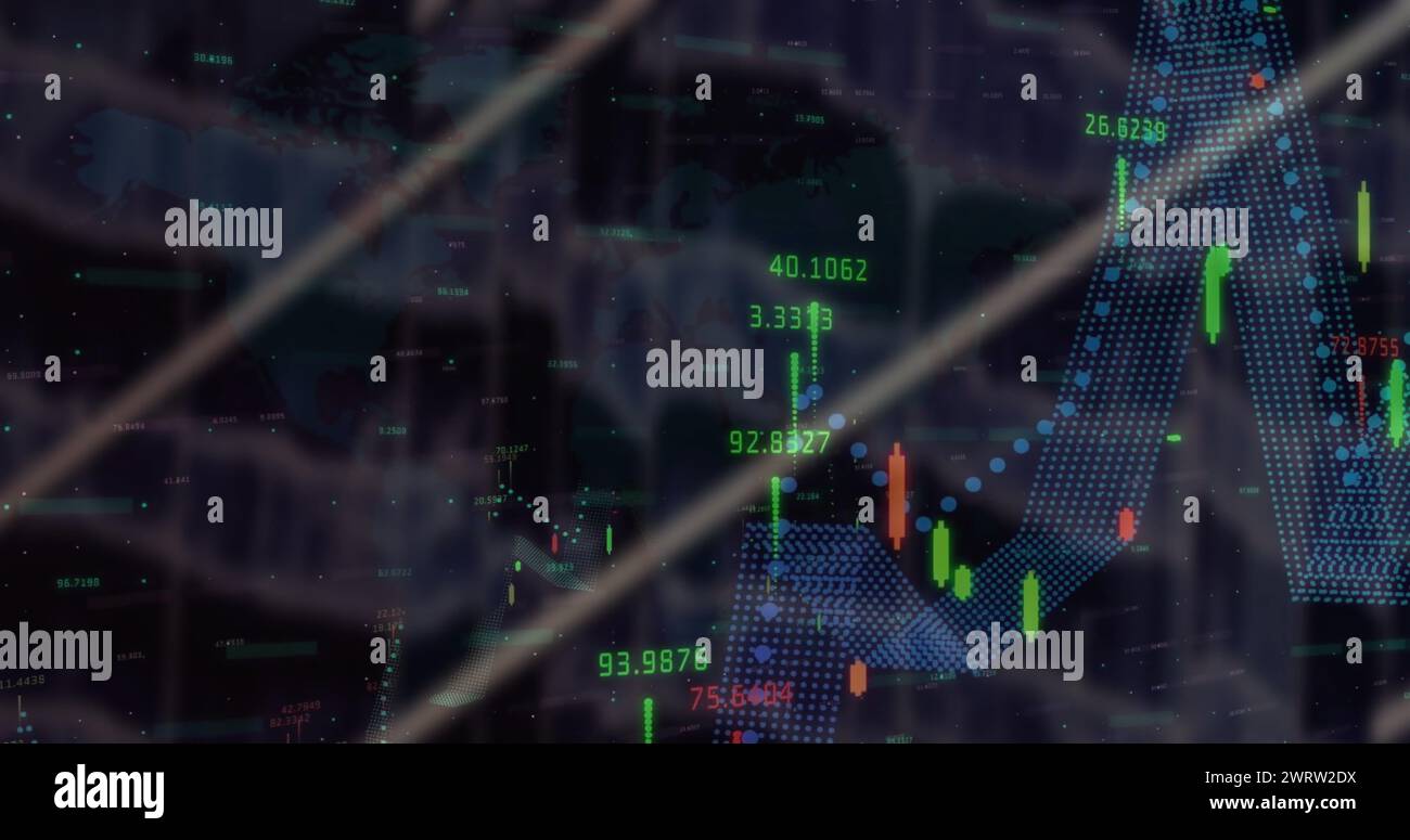 Image of data processing and diagrams on black background. Global ...