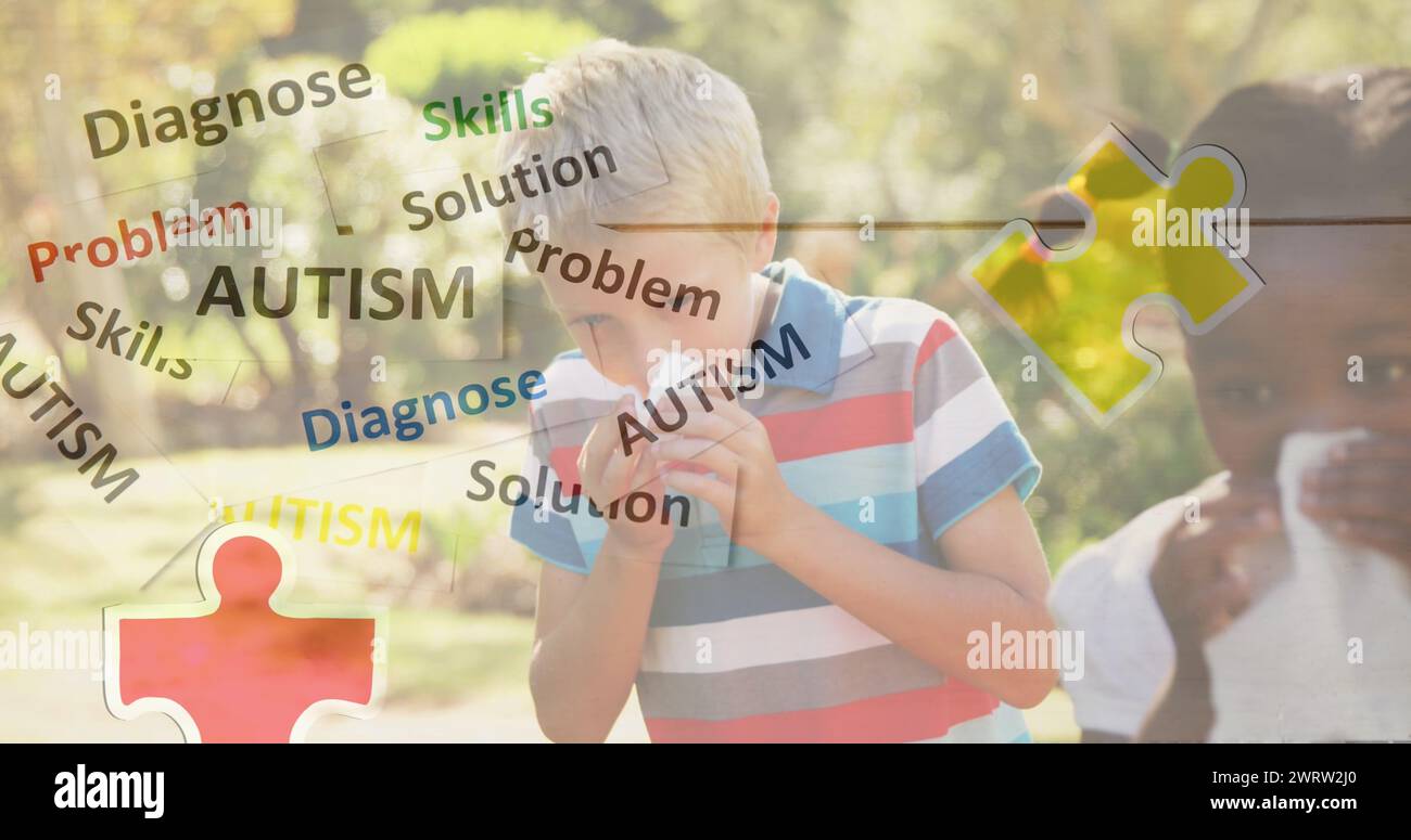 Image of colourful puzzle pieces and autism text over kids friends sneezing noses Stock Photo