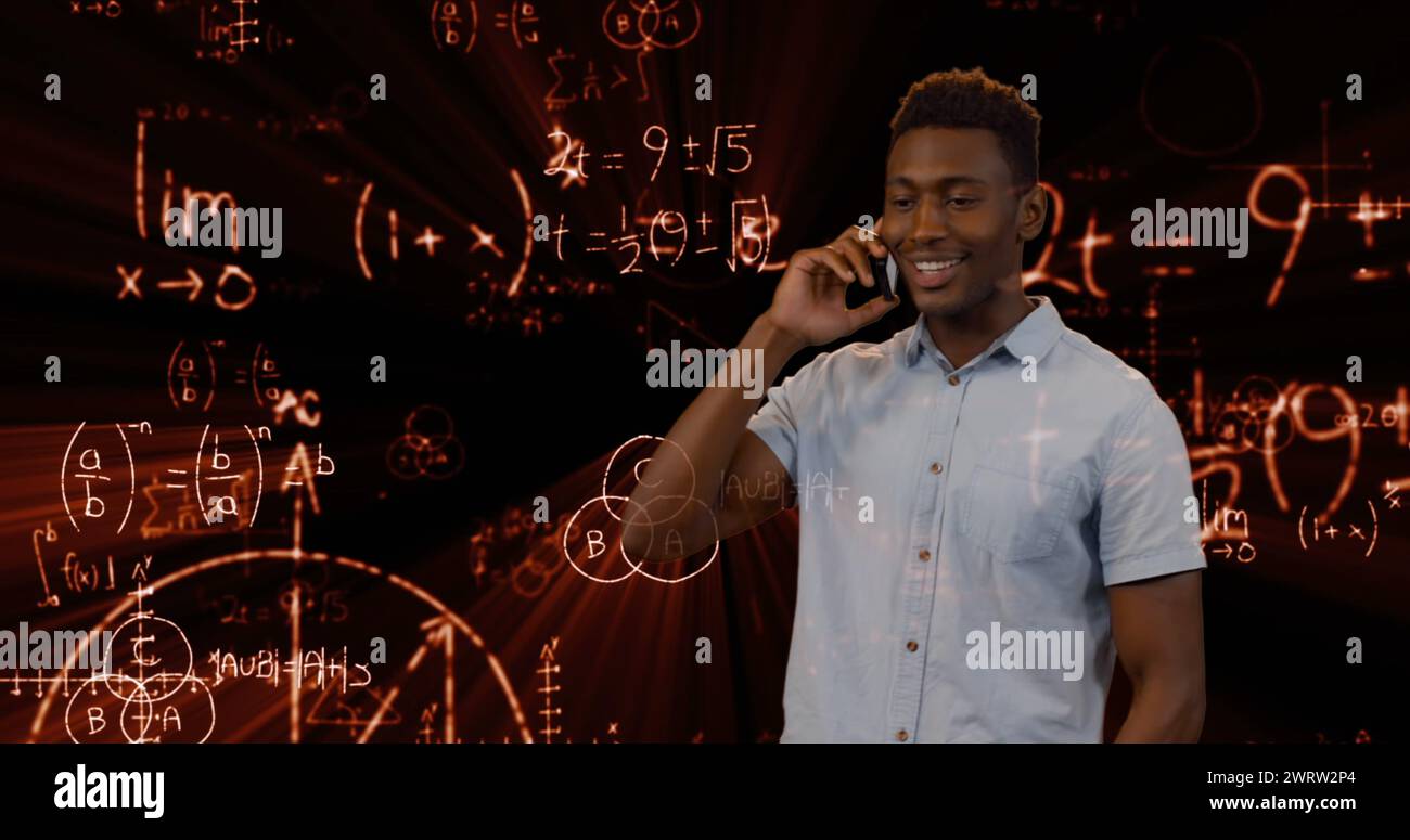 Mathematical equations over man thinking hi-res stock photography and ...