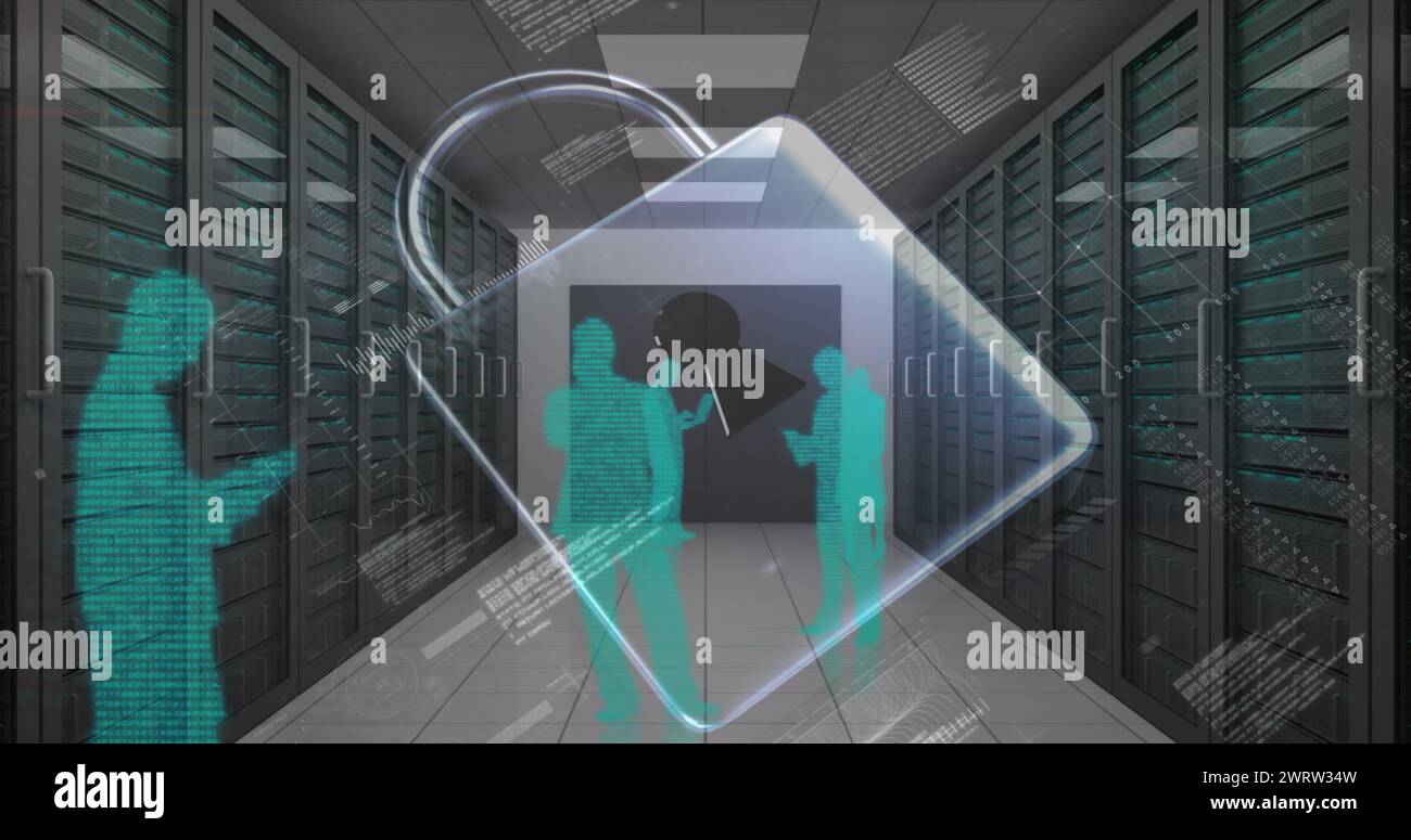 Image of data processing and padlock icon over server room Stock Photo ...