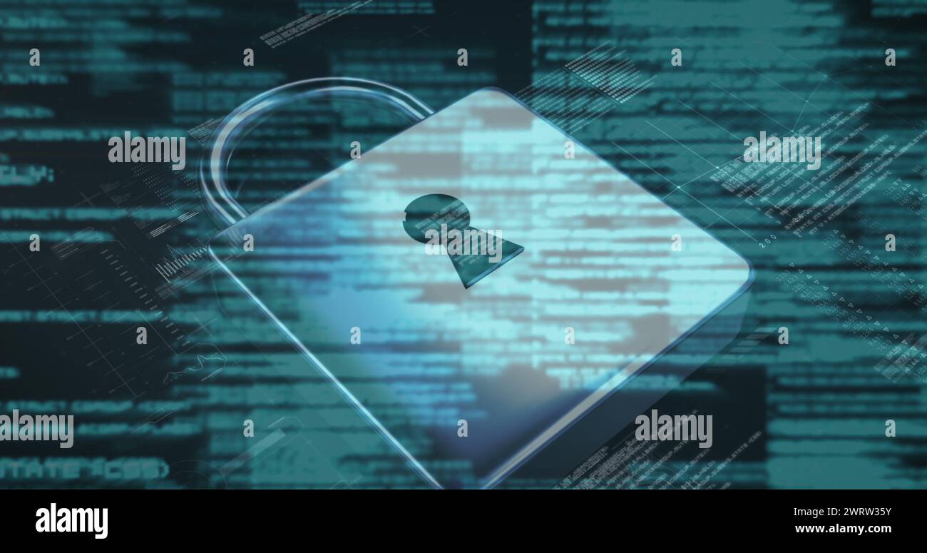 Image of data processing and padlock icon over server room Stock Photo ...
