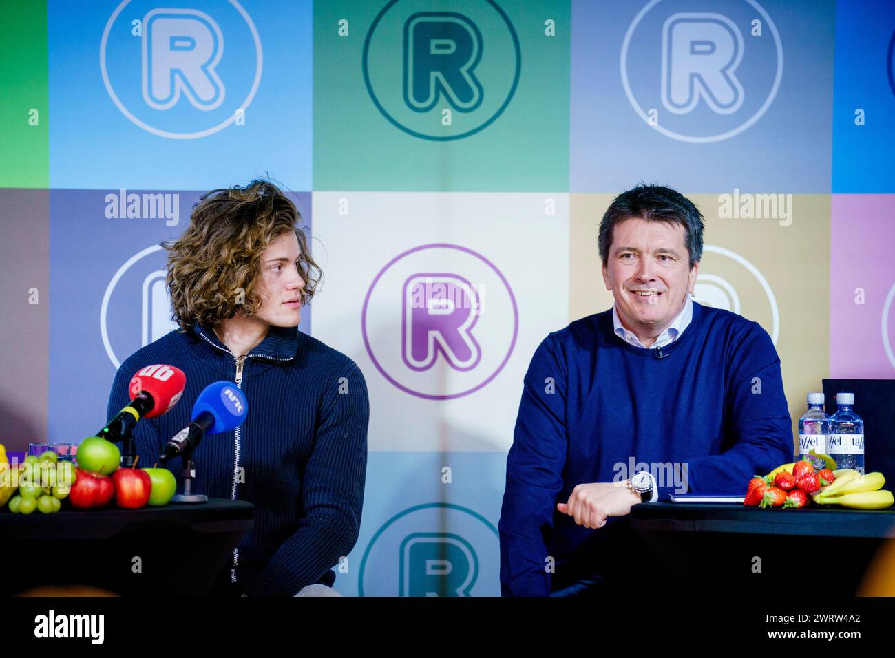 Oslo 20240314.Alpinist Lucas Braathen together with the head of the Reitan group, Ole Robert Reitan, at a press conference where they talk about the collaboration. Photo: Stian Lysberg Solum / NTB Stock Photo