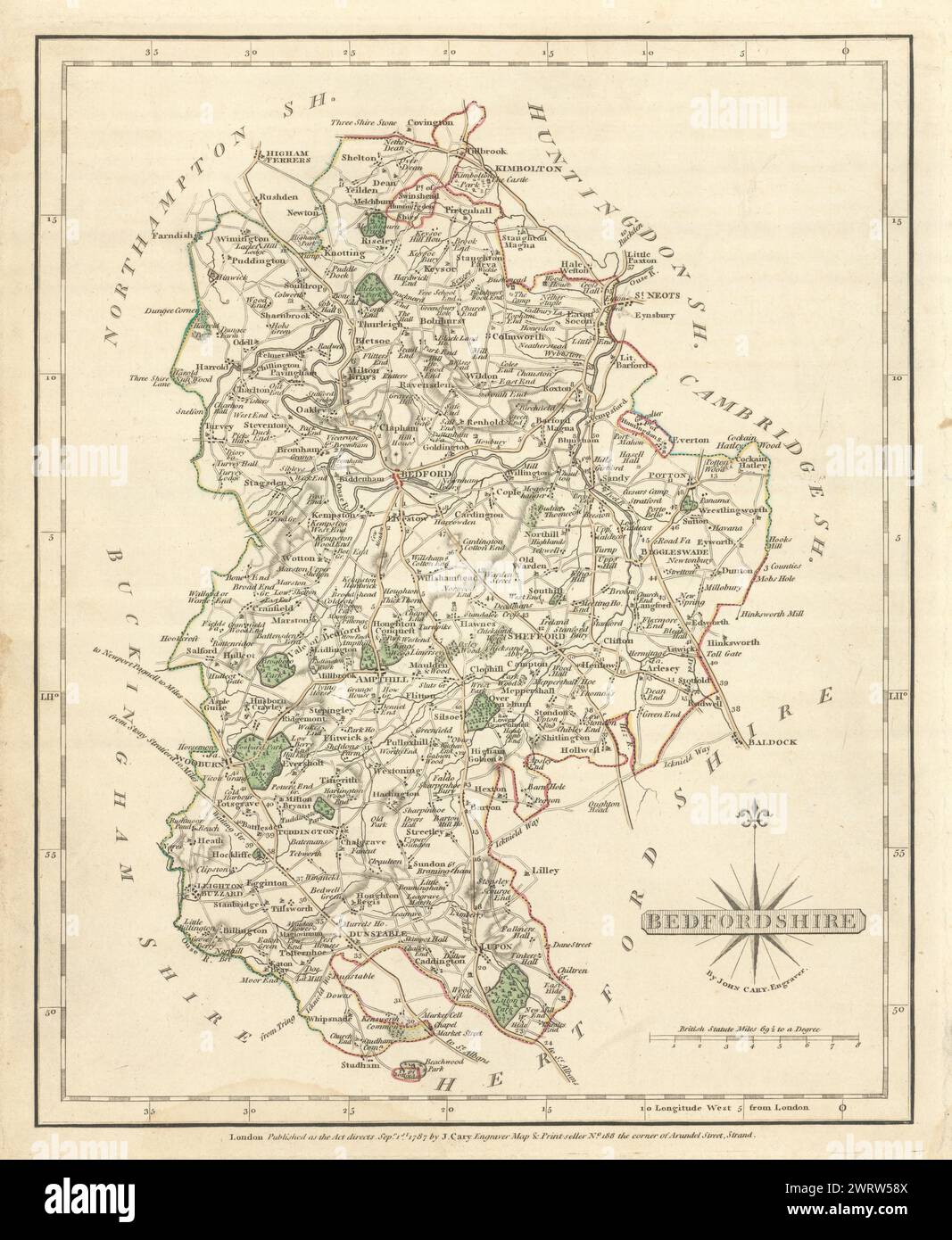 Antique county map of BEDFORDSHIRE by JOHN CARY. Original outline ...