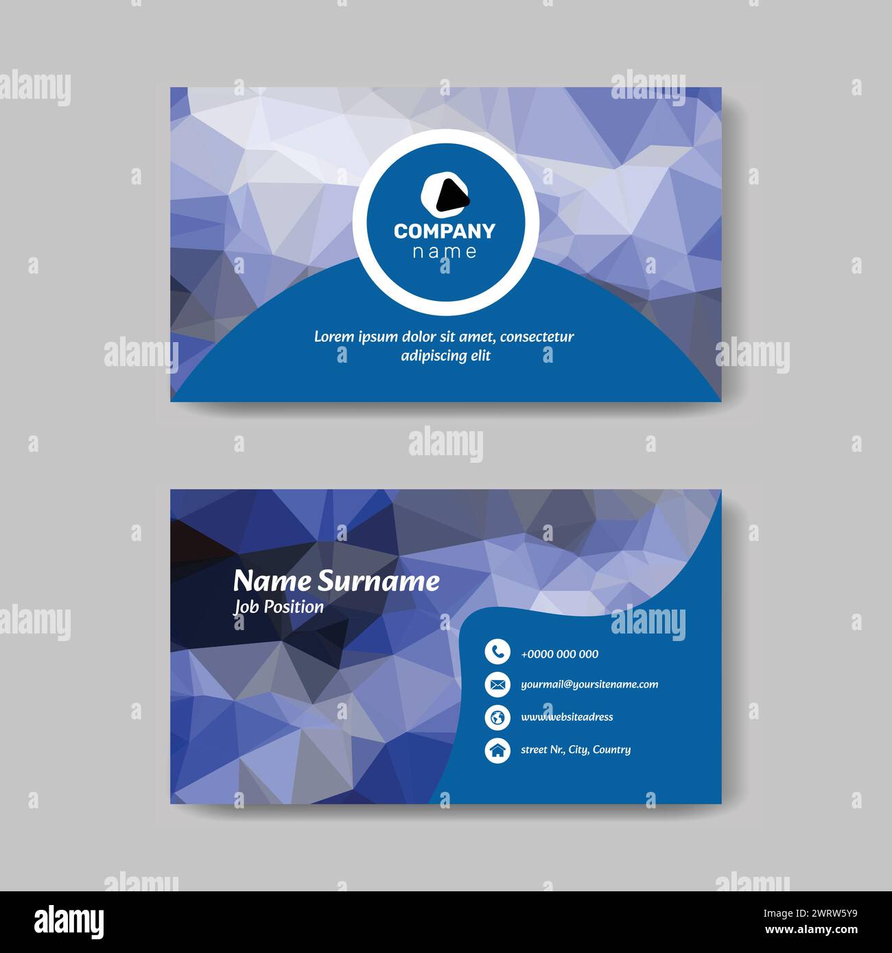 Vector low poly abstract blue visit card template, horizontal presentation covers, collections of backgrounds, trendy, geometric, cyber polygonal and Stock Vector