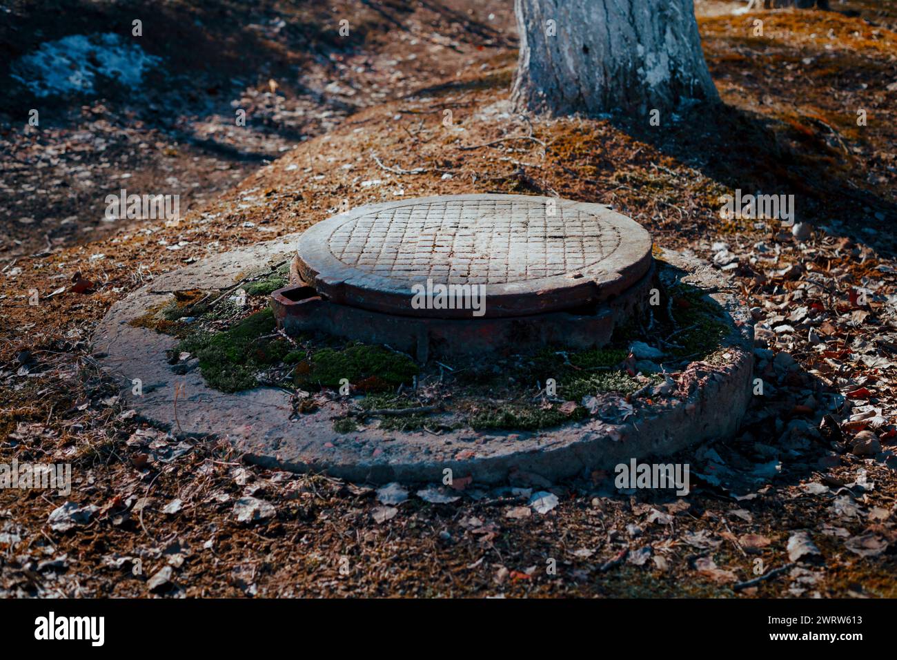 old sewer manhole with a rusty cover in the forest Stock Photo