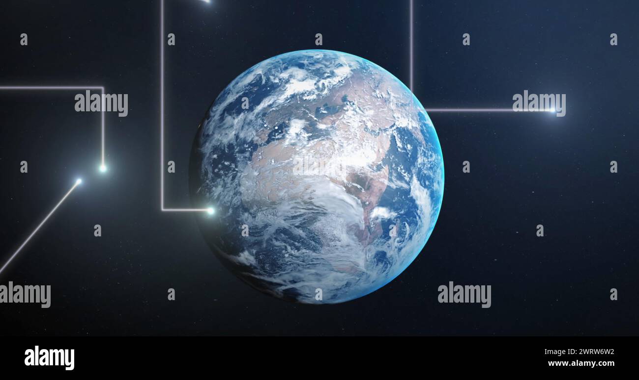 Image of glowing light trails over globe on blue background Stock Photo ...