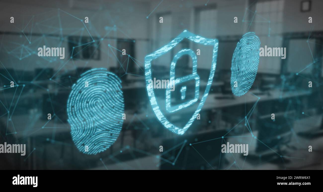 Fingerprint scanner and security padlock icon over network of ...