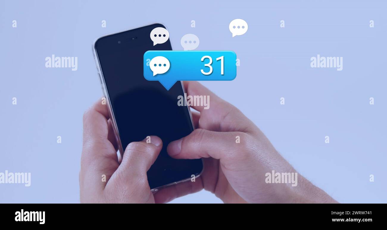 Image of social media icons falling over person using smartphone Stock ...